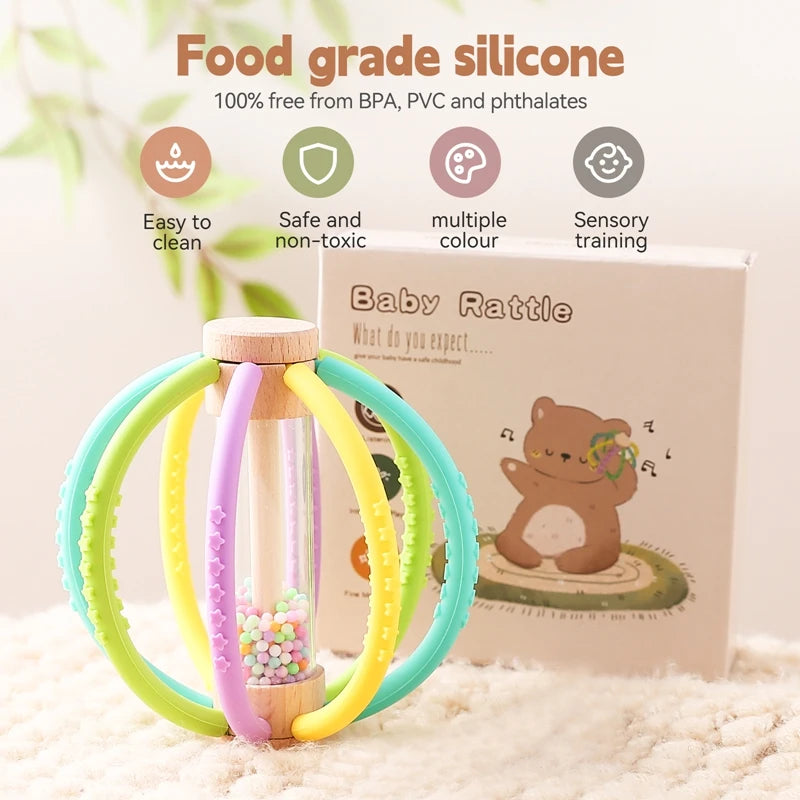 Shake & Soothe Wooden Rain Drum Rattle Silicone Molar Toy Set