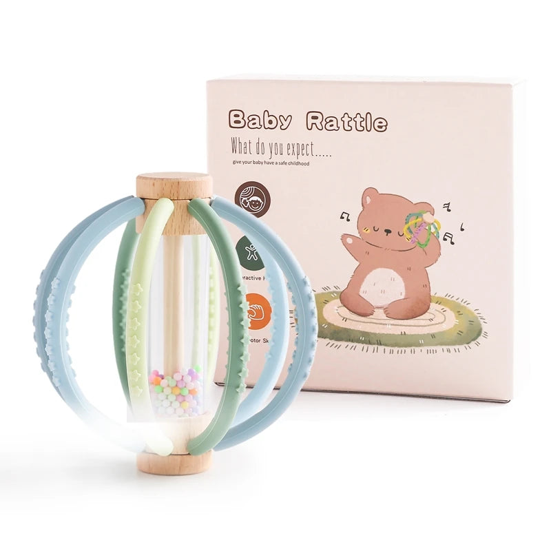 Shake & Soothe Wooden Rain Drum Rattle Silicone Molar Toy Set