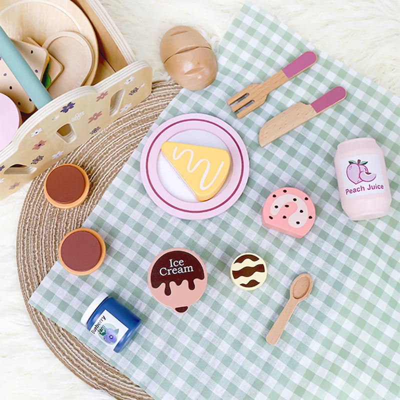 Wooden Picnic Pretend Play Food Set with Storage Basket
